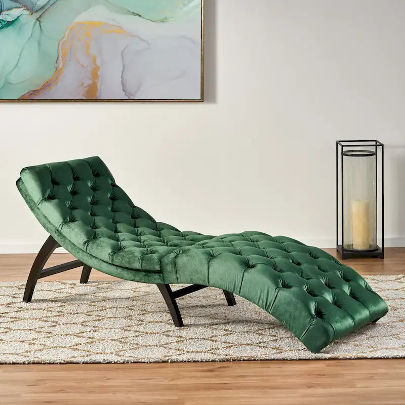 Tufted Velvet Chaise Lounge – Dark Brown Legs, 1-Person