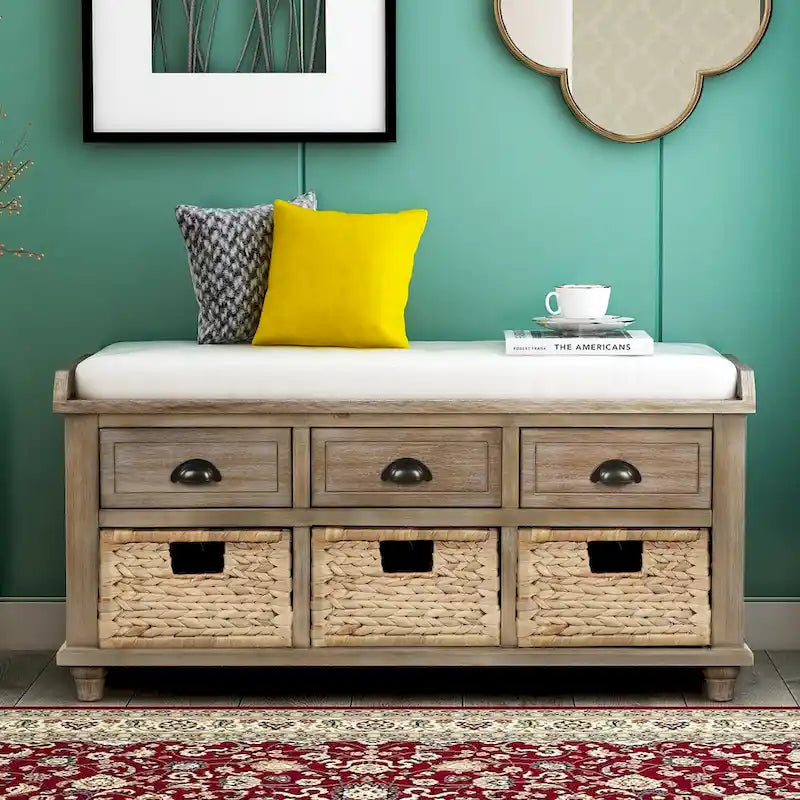 White Storage Bench with 3 Drawers & Rattan Baskets – Seats 1