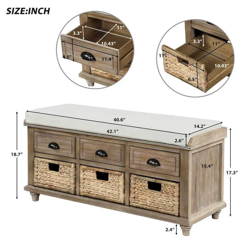 White Storage Bench with 3 Drawers & Rattan Baskets – Seats 1
