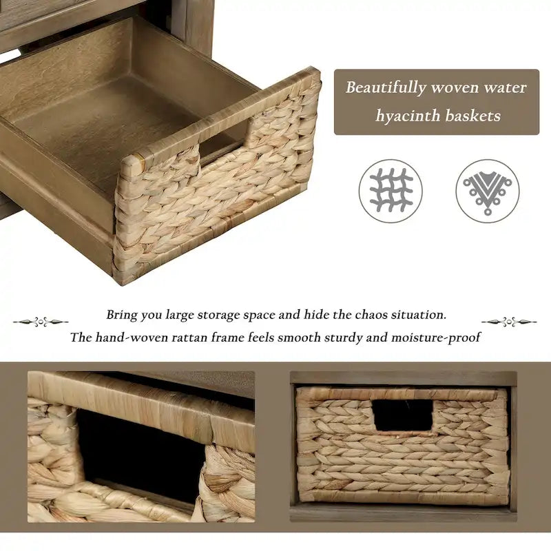 White Storage Bench with 3 Drawers & Rattan Baskets – Seats 1