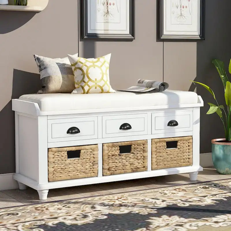 White Storage Bench with 3 Drawers & Rattan Baskets – Seats 1