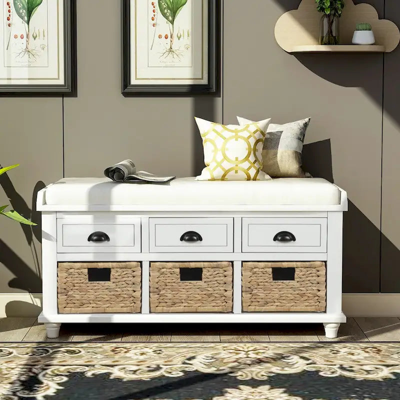 White Storage Bench with 3 Drawers & Rattan Baskets – Seats 1