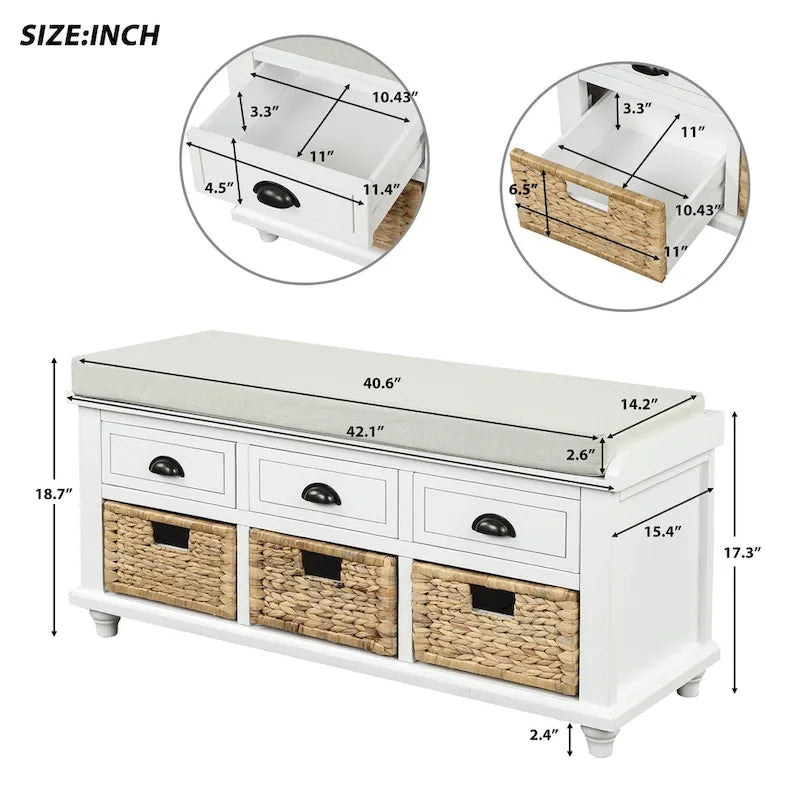 White Storage Bench with 3 Drawers & Rattan Baskets – Seats 1