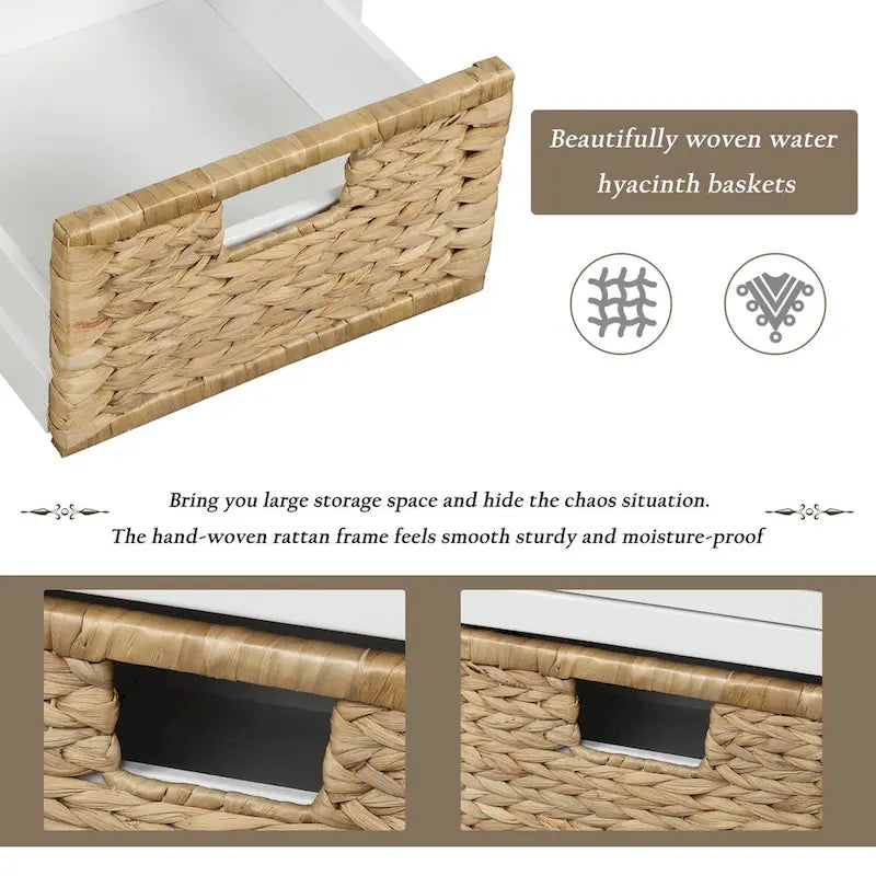 White Storage Bench with 3 Drawers & Rattan Baskets – Seats 1