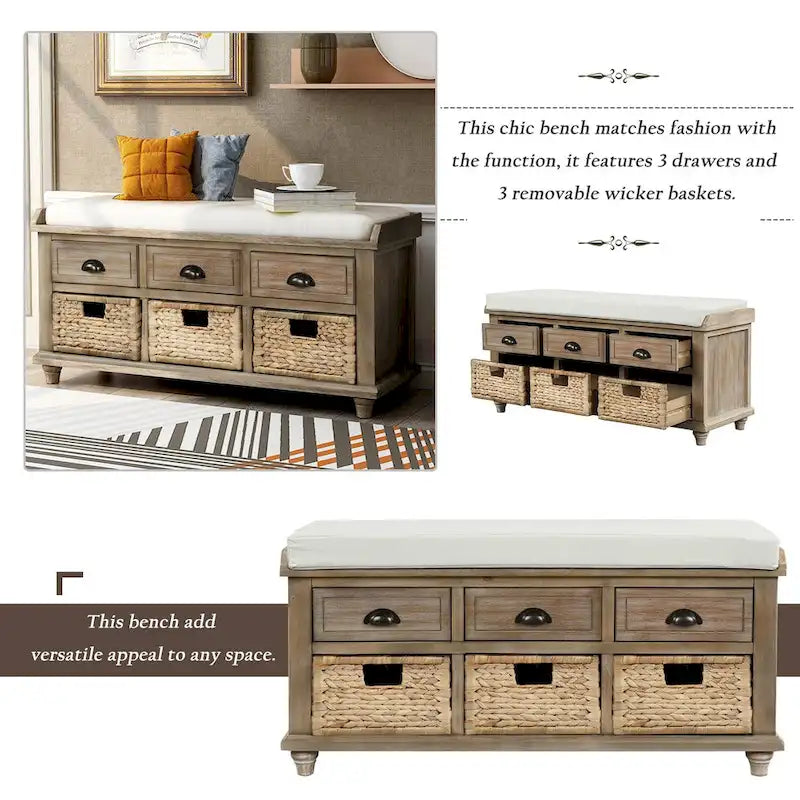 White Storage Bench with 3 Drawers & Rattan Baskets – Seats 1