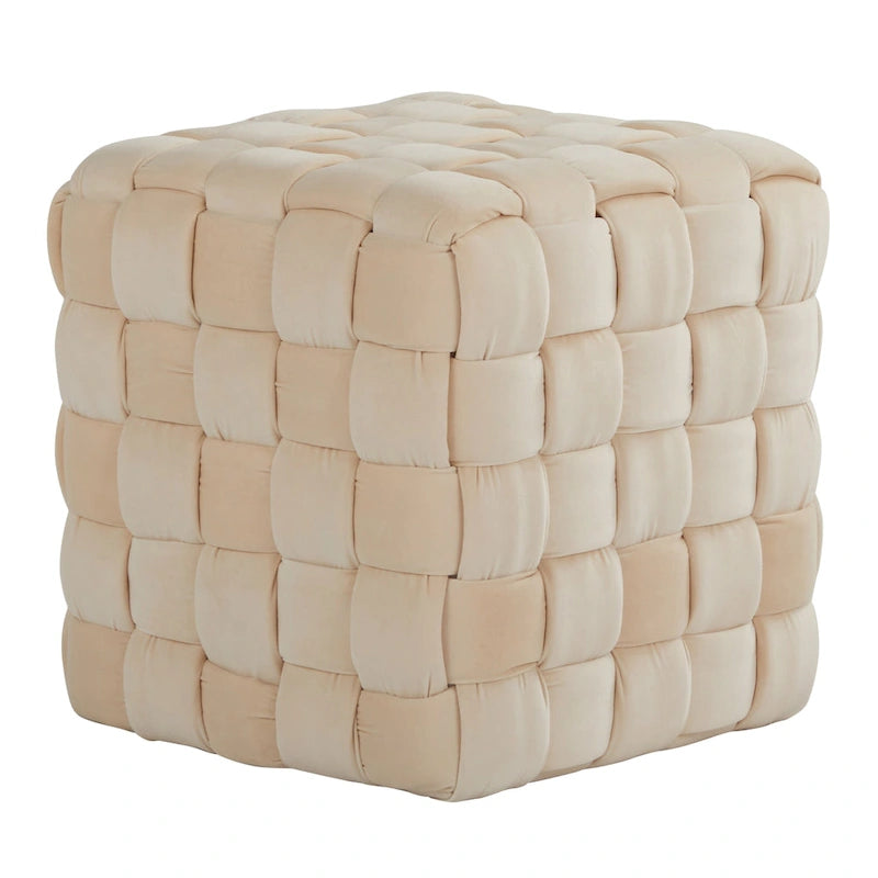 Braided Velvet Square Ottoman – Cream / Ice Blue / Blush Pink / Dark Grey, Single-Seat