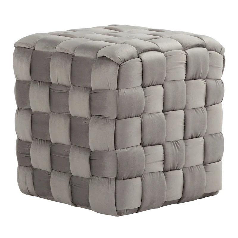 Braided Velvet Square Ottoman – Cream / Ice Blue / Blush Pink / Dark Grey, Single-Seat