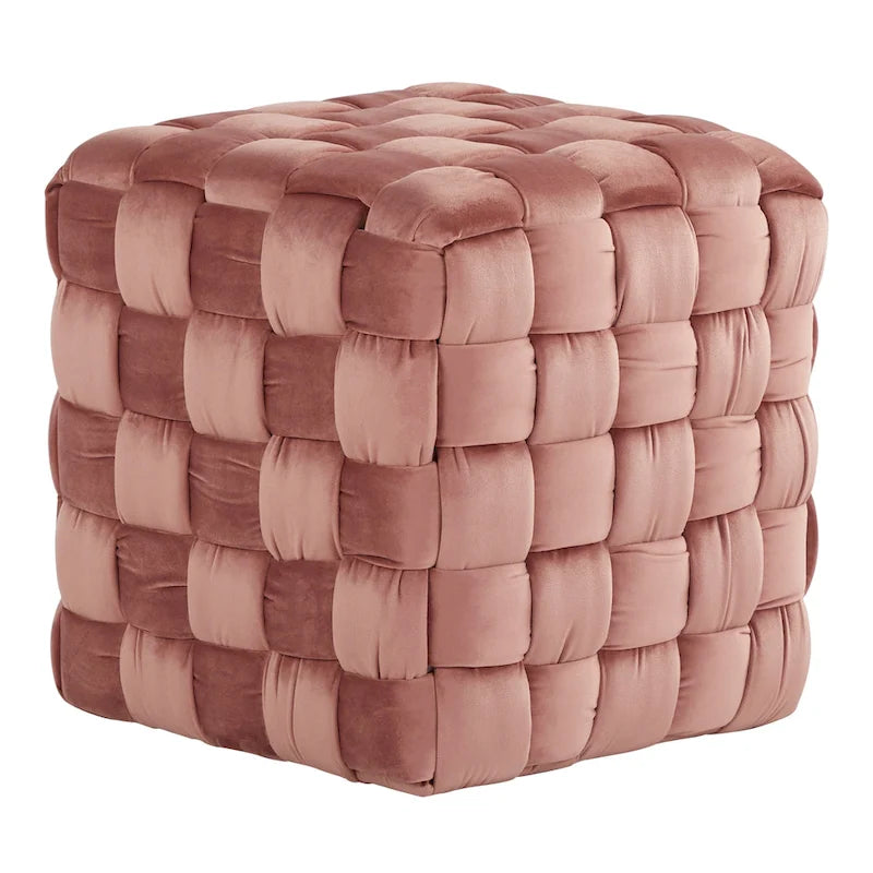 Braided Velvet Square Ottoman – Cream / Ice Blue / Blush Pink / Dark Grey, Single-Seat
