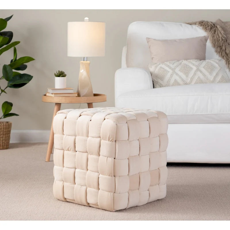 Braided Velvet Square Ottoman – Cream / Ice Blue / Blush Pink / Dark Grey, Single-Seat