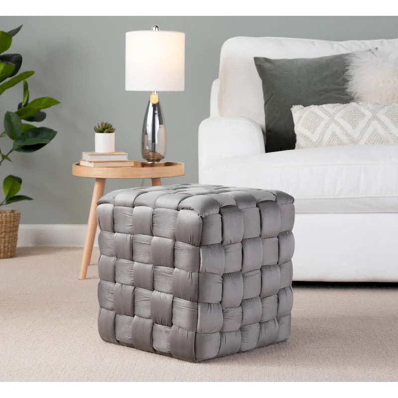 Braided Velvet Square Ottoman – Cream / Ice Blue / Blush Pink / Dark Grey, Single-Seat
