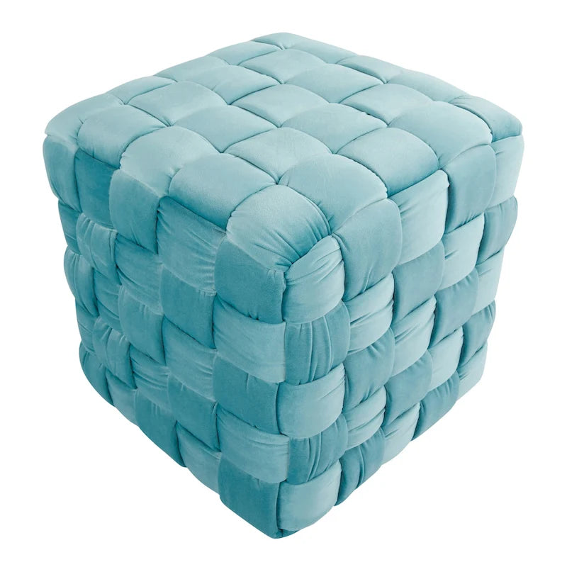 Braided Velvet Square Ottoman – Cream / Ice Blue / Blush Pink / Dark Grey, Single-Seat