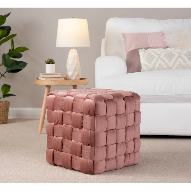 Braided Velvet Square Ottoman – Cream / Ice Blue / Blush Pink / Dark Grey, Single-Seat