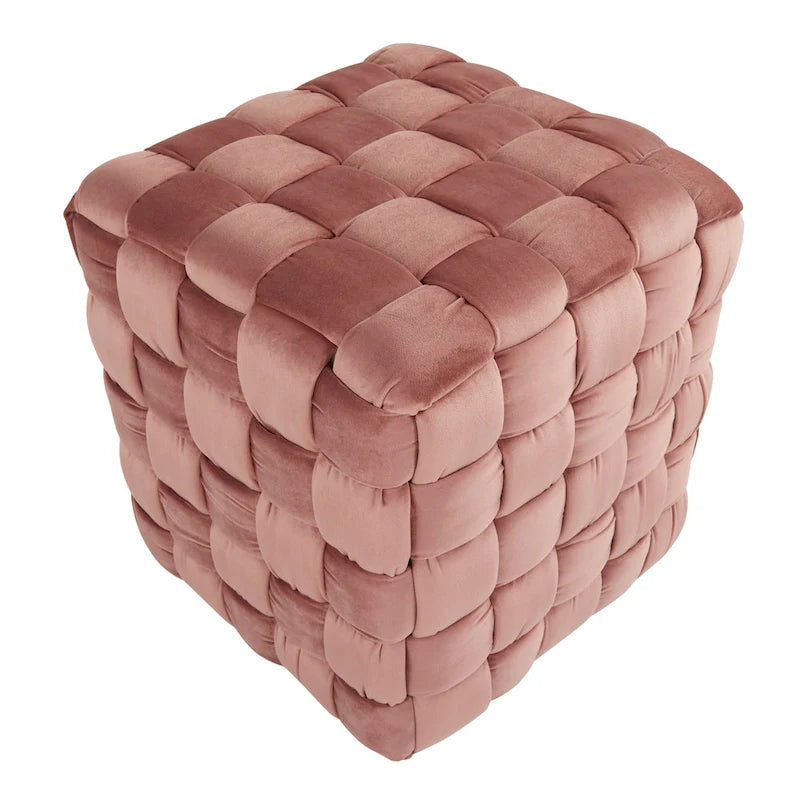 Braided Velvet Square Ottoman – Cream / Ice Blue / Blush Pink / Dark Grey, Single-Seat