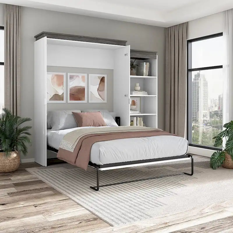 White & Walnut Grey / Bark Gray & Graphite Queen Wall Bed with Shelves, 2-Person