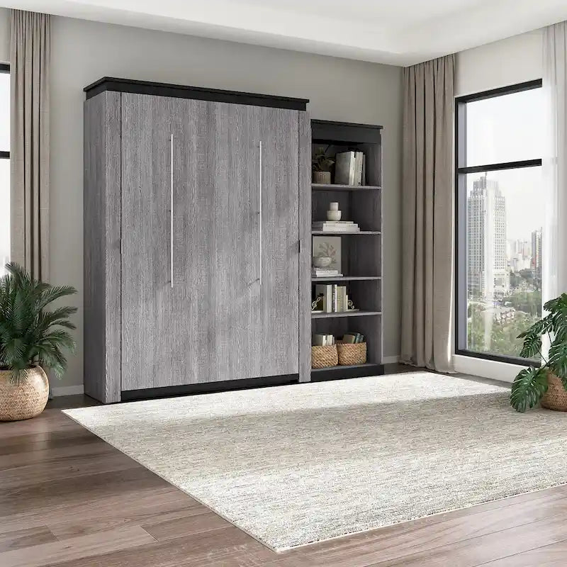 White & Walnut Grey / Bark Gray & Graphite Queen Wall Bed with Shelves, 2-Person