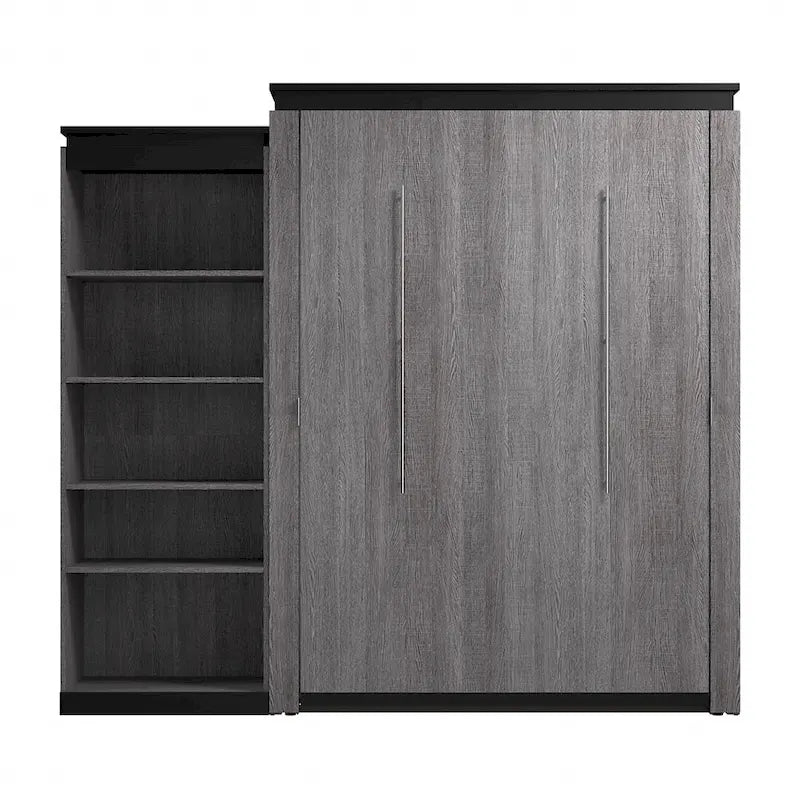White & Walnut Grey / Bark Gray & Graphite Queen Wall Bed with Shelves, 2-Person
