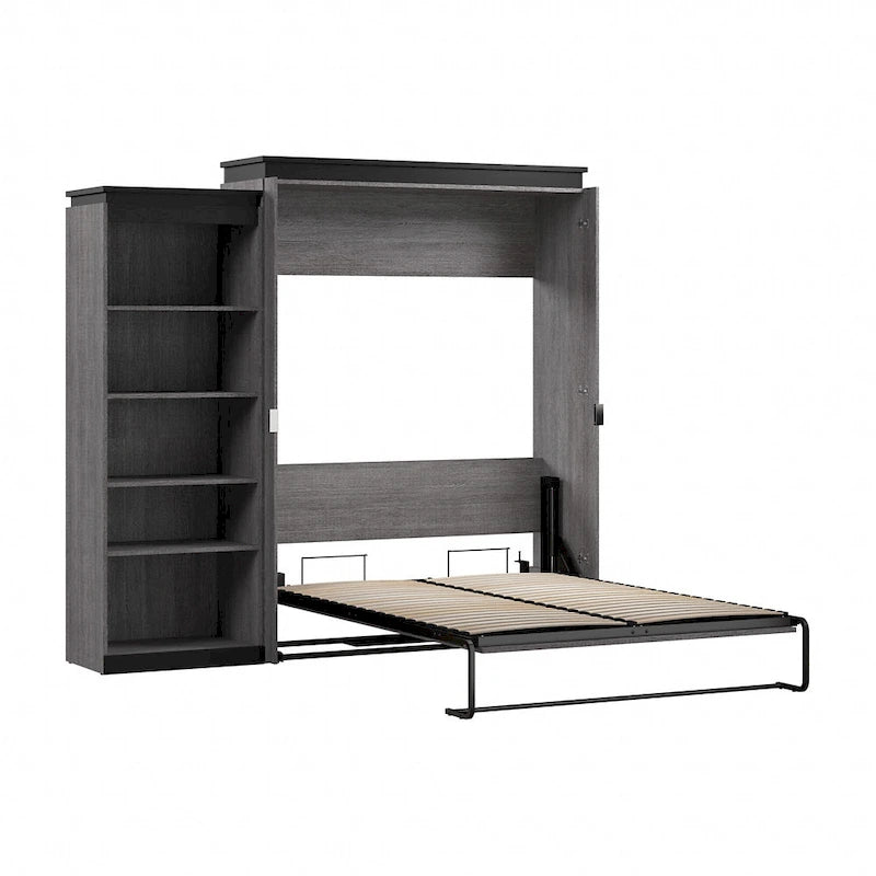 White & Walnut Grey / Bark Gray & Graphite Queen Wall Bed with Shelves, 2-Person
