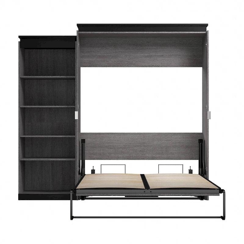 White & Walnut Grey / Bark Gray & Graphite Queen Wall Bed with Shelves, 2-Person