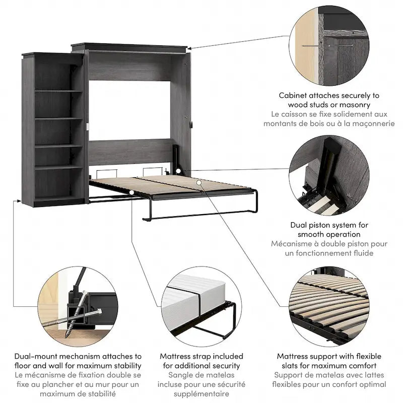 White & Walnut Grey / Bark Gray & Graphite Queen Wall Bed with Shelves, 2-Person
