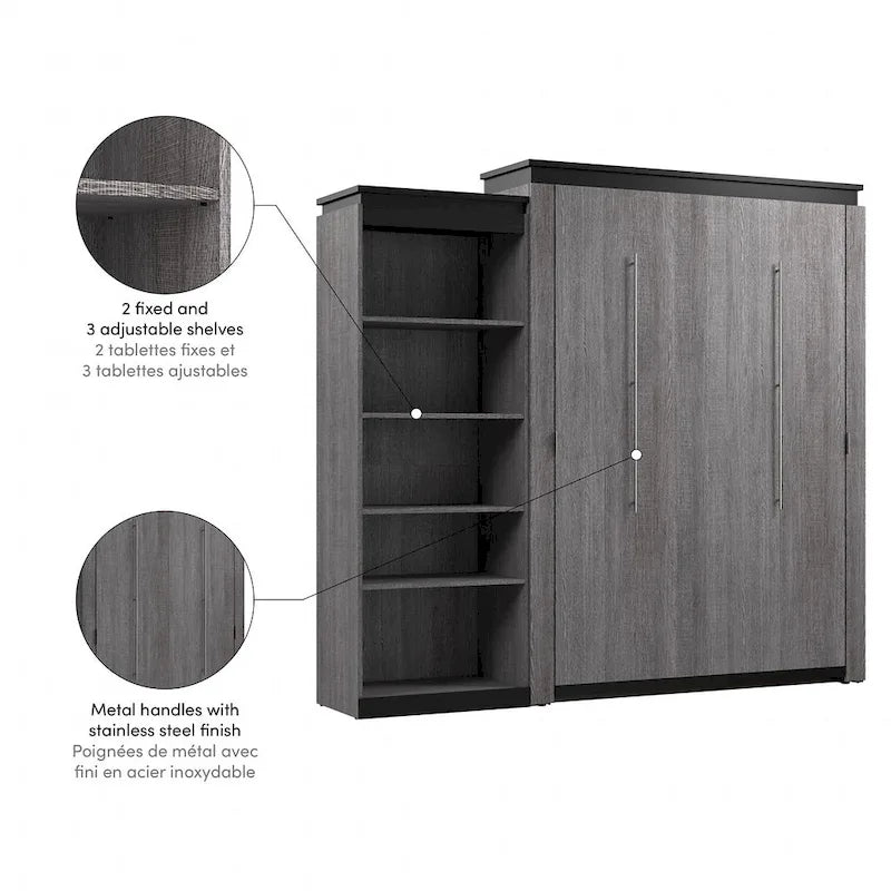 White & Walnut Grey / Bark Gray & Graphite Queen Wall Bed with Shelves, 2-Person