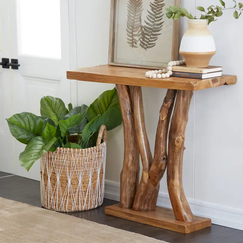 Brown Teak Wood Console Table, Live Edge, Single, 14W x 35L x 32H