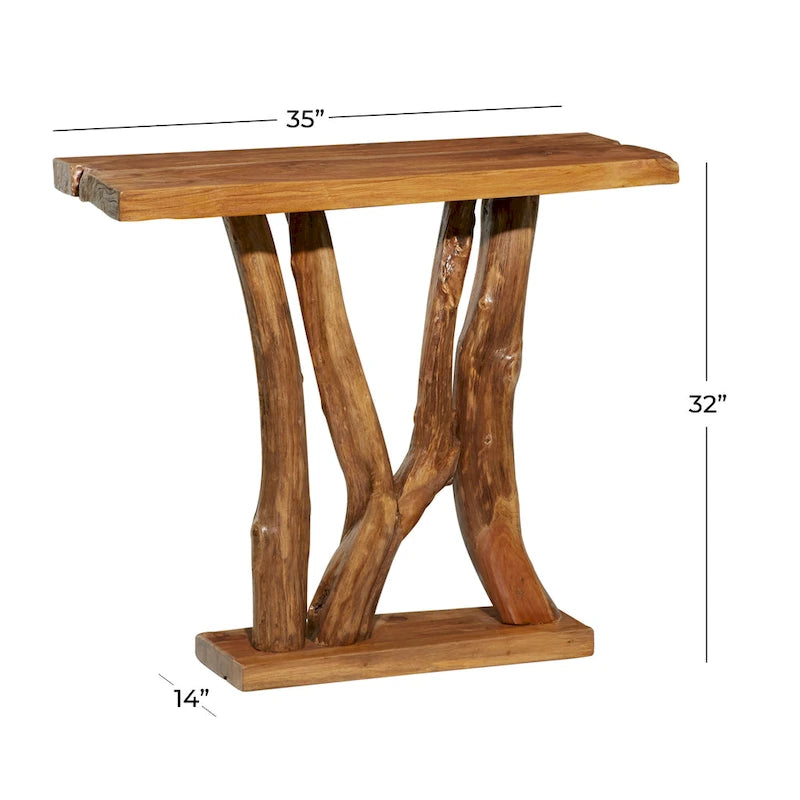 Brown Teak Wood Console Table, Live Edge, Single, 14W x 35L x 32H