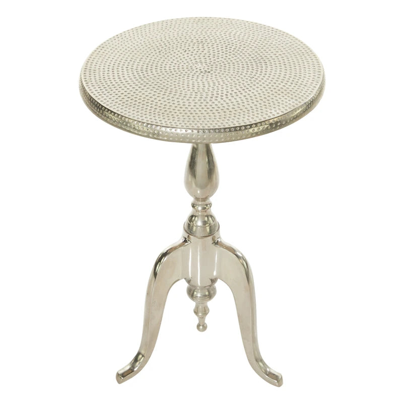 Silver Aluminum Accent Table – Hammered Top, Scroll Legs, 15W x 15L x 22H