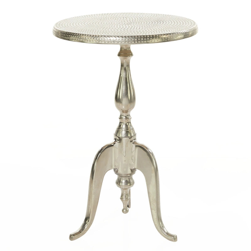 Silver Aluminum Accent Table – Hammered Top, Scroll Legs, 15W x 15L x 22H
