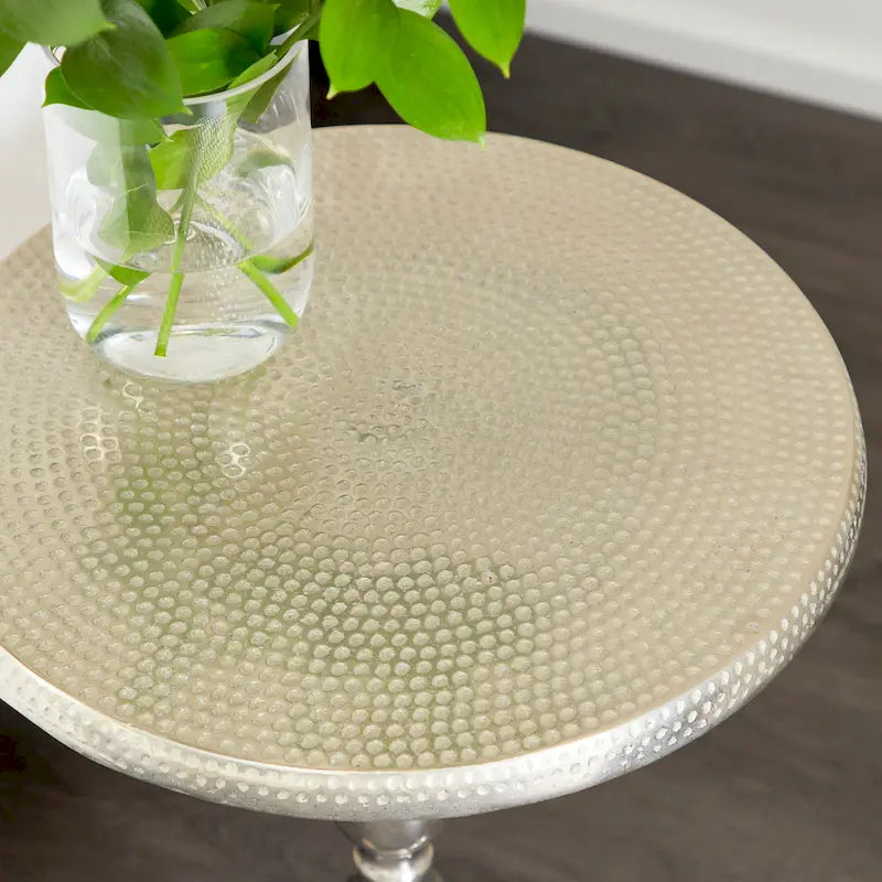 Silver Aluminum Accent Table – Hammered Top, Scroll Legs, 15W x 15L x 22H