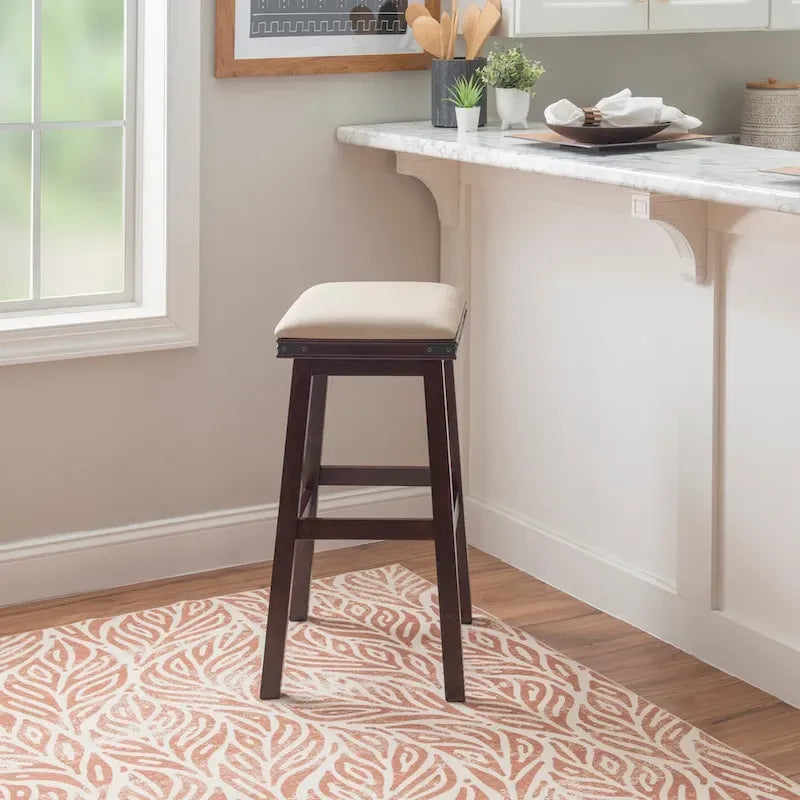 Off-white / Brown Backless Barstool with Faux Leather Seat, Seats 1