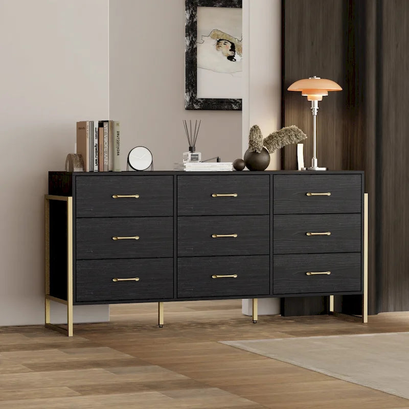 9-Drawer Dresser, Black/White, Gold Handles, for 1 Person