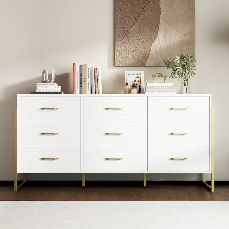 9-Drawer Dresser, Black/White, Gold Handles, for 1 Person