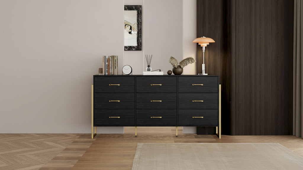 Versatile 9-Drawer Dresser - Sleek Black & Gold, Premium Quality Chest