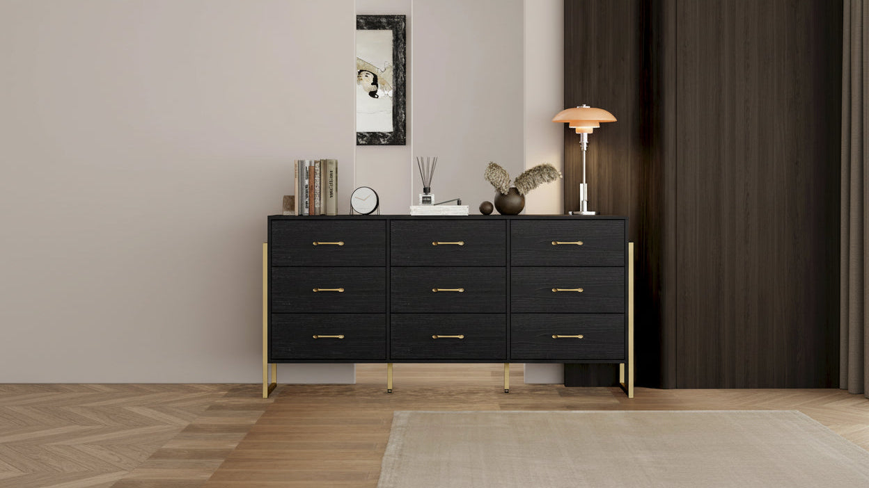 Versatile 9-Drawer Dresser - Sleek Black & Gold, Premium Quality Chest
