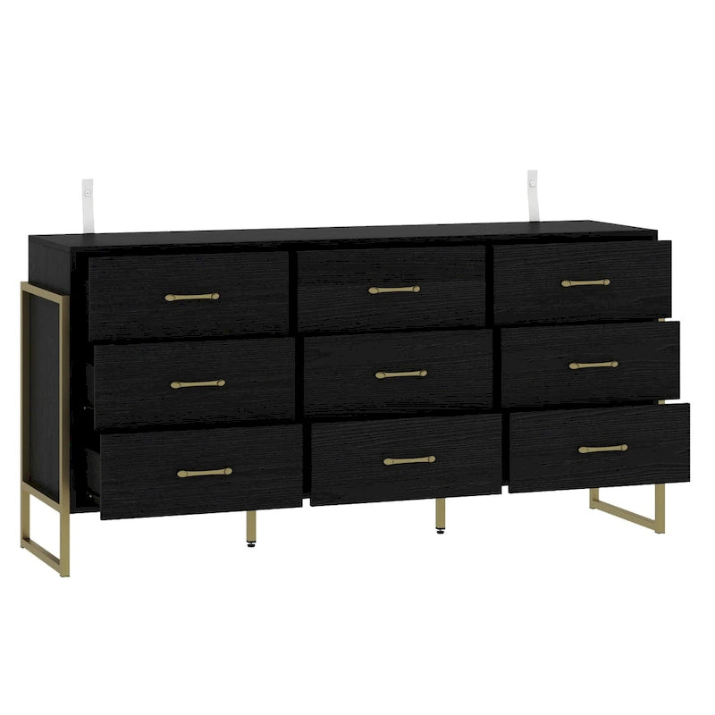 9-Drawer Dresser, Black/White, Gold Handles, for 1 Person