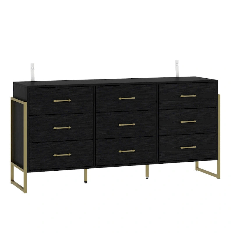 9-Drawer Dresser, Black/White, Gold Handles, for 1 Person