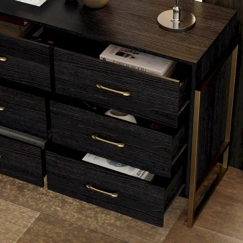 9-Drawer Dresser, Black/White, Gold Handles, for 1 Person