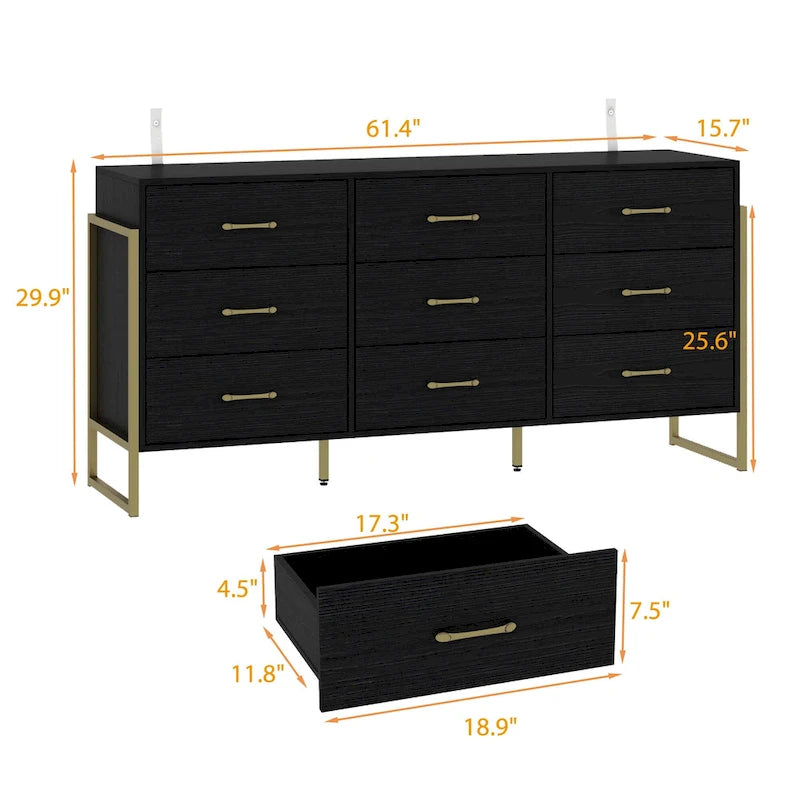 9-Drawer Dresser, Black/White, Gold Handles, for 1 Person