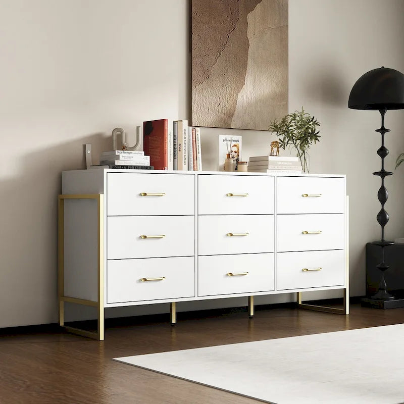 9-Drawer Dresser, Black/White, Gold Handles, for 1 Person