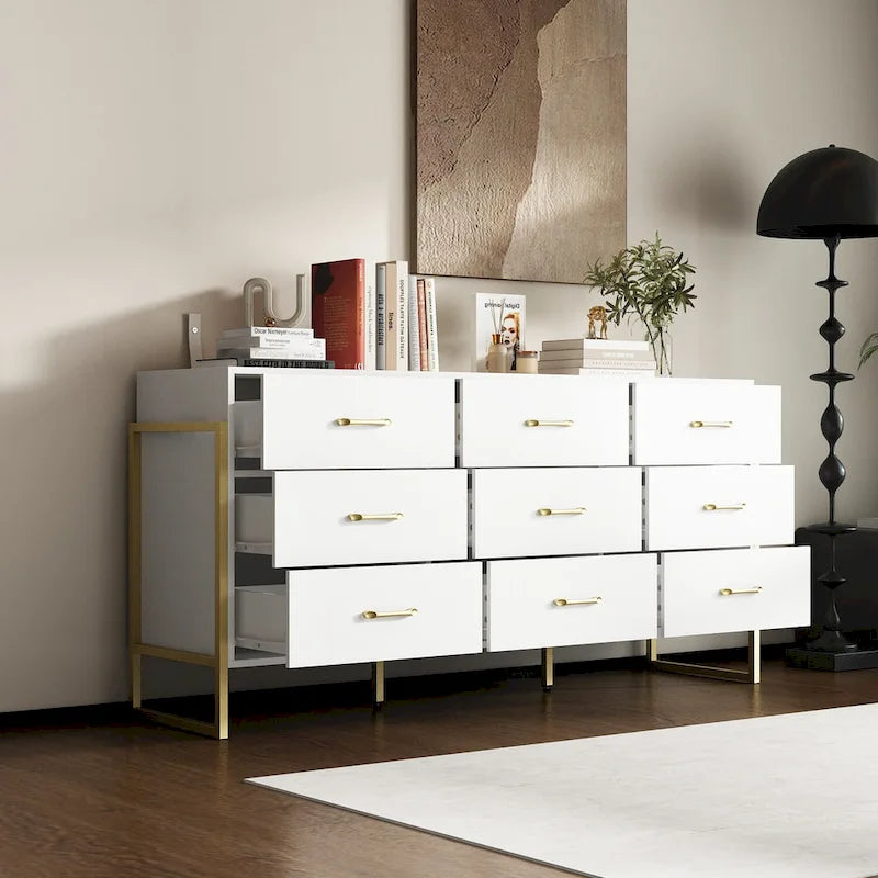 9-Drawer Dresser, Black/White, Gold Handles, for 1 Person