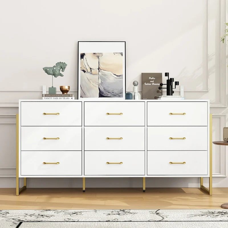 9-Drawer Dresser, Black/White, Gold Handles, for 1 Person