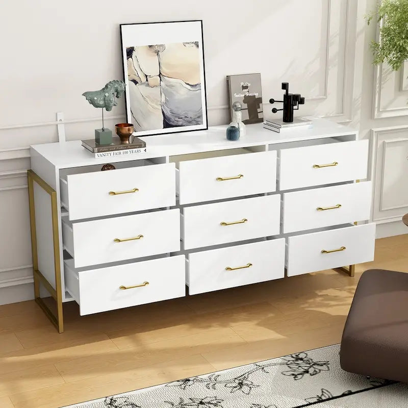 9-Drawer Dresser, Black/White, Gold Handles, for 1 Person