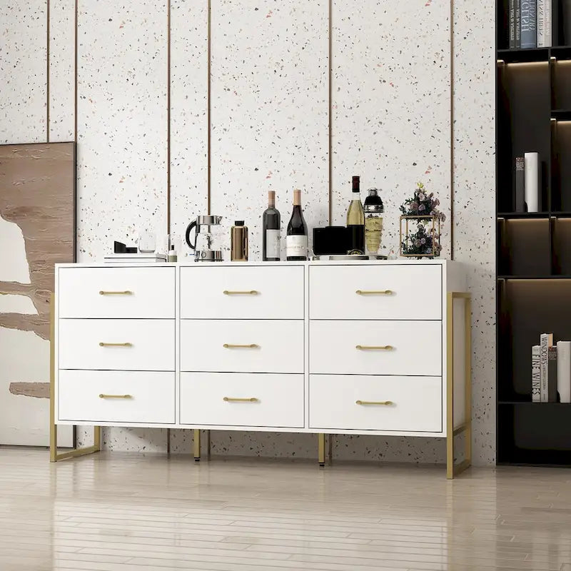 9-Drawer Dresser, Black/White, Gold Handles, for 1 Person