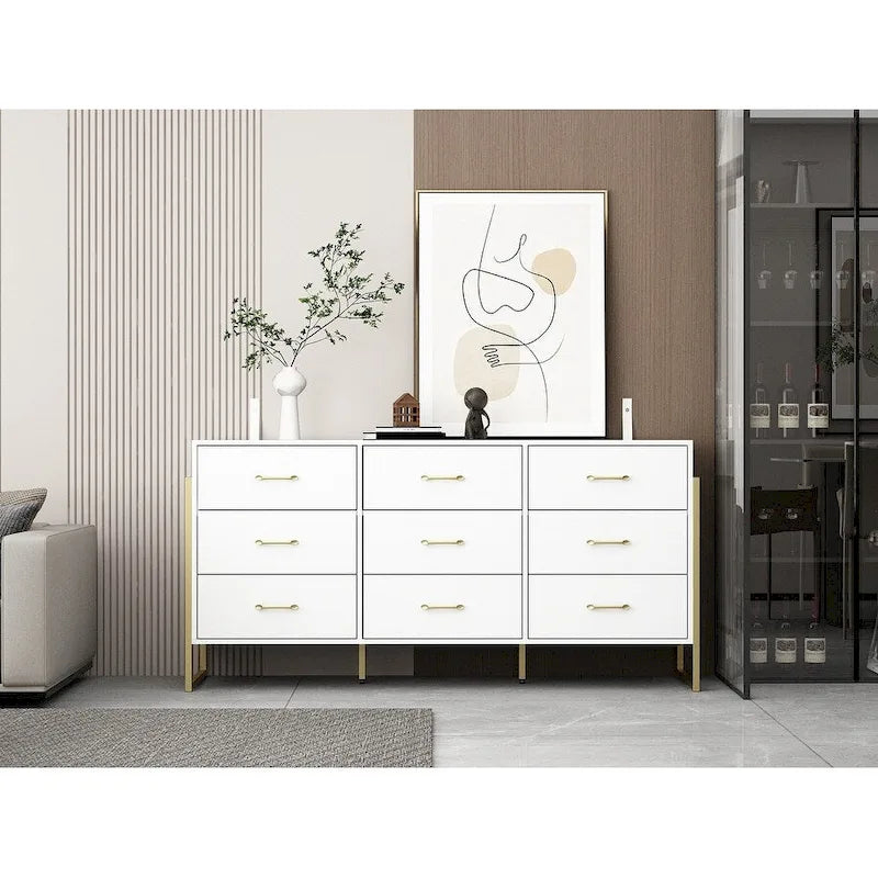 9-Drawer Dresser, Black/White, Gold Handles, for 1 Person