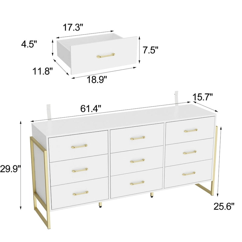 9-Drawer Dresser, Black/White, Gold Handles, for 1 Person