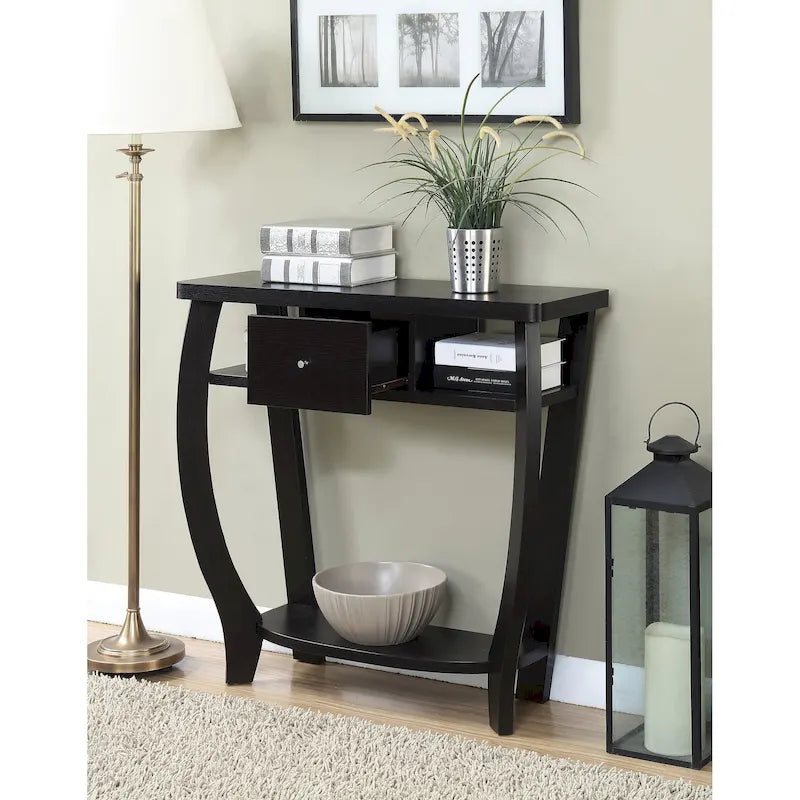 Espresso / Black Console Table with Drawer & Shelf, 1-Person Use
