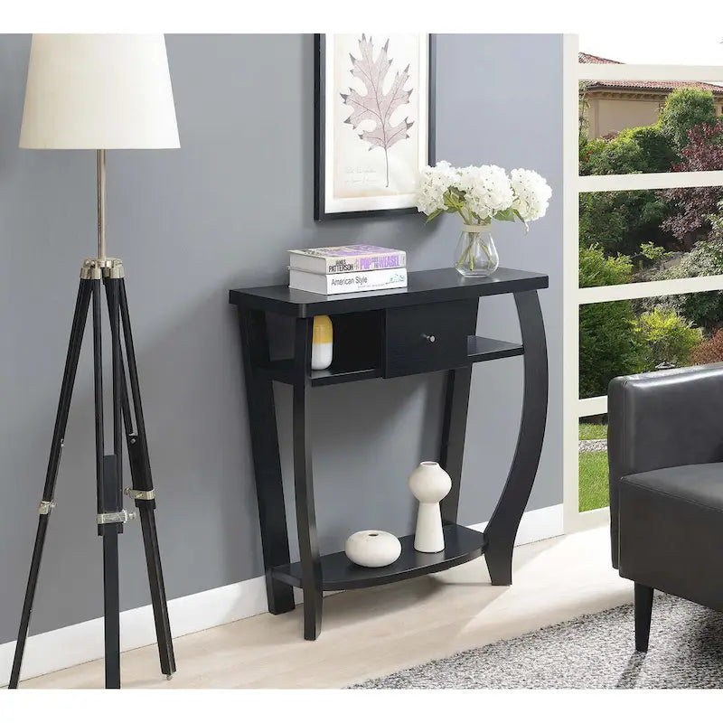 Espresso / Black Console Table with Drawer & Shelf, 1-Person Use
