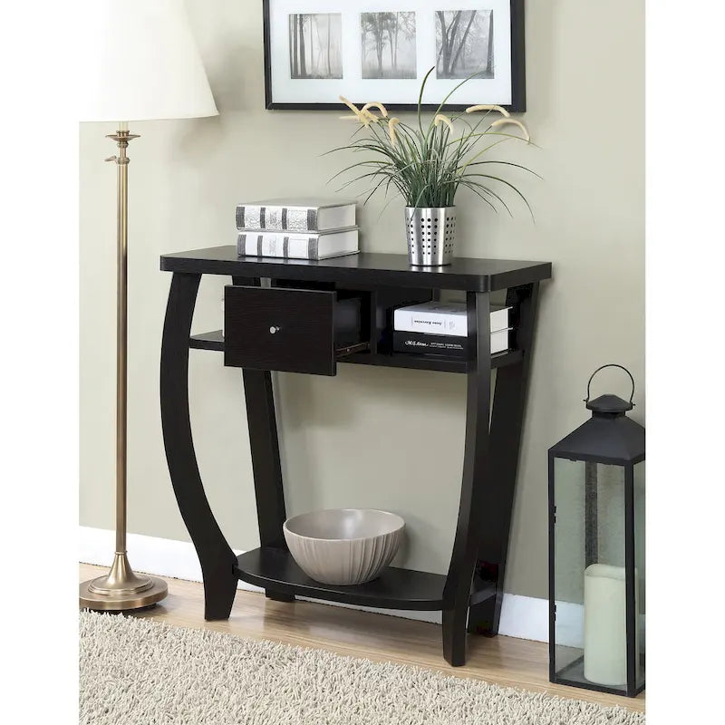 Espresso / Black Console Table with Drawer & Shelf, 1-Person Use
