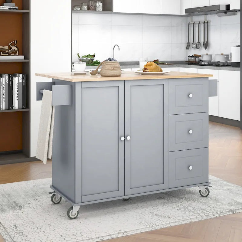 Blue / White / Black / Grey Rolling Kitchen Island Cart with Foldable Drop-Leaf | 2-Person Assembly
