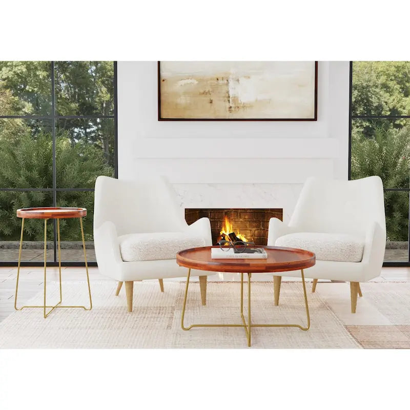 Gold & Natural Wood Round Tray-Top Accent Table, 1-Piece, Small/Large